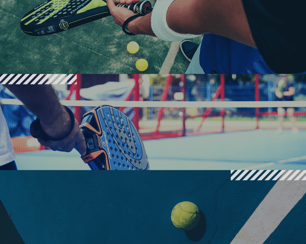 Triptyque d'image deux joueurs de padel tennis avec une raquette à la main et une image d'une balle de padel tennis sur un terrain