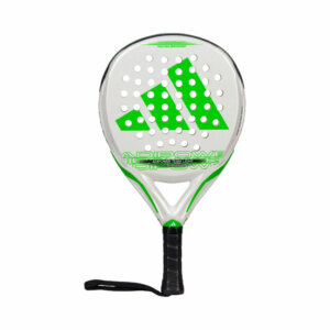 raquette de Padel de couleur verte et blanche avec le logo adidas au milieu de la tête