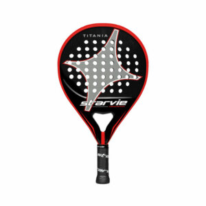 raquette de Padel de couleur noir et rouge avec le logo starvie sur la tête