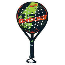 raquette de Padel pour enfant avec une couleur noir et au milieu de la tête du vert et le logo en orange