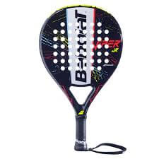 raquette de Padel noire pour enfants avec la marque Babolat en horizontale sur la tête