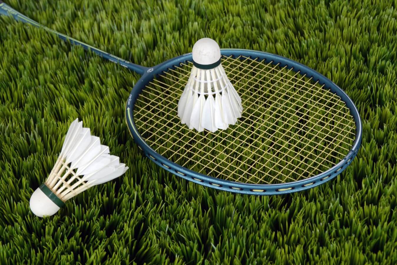 2 volants et une raquette de badminton posés sur un sol en gazon